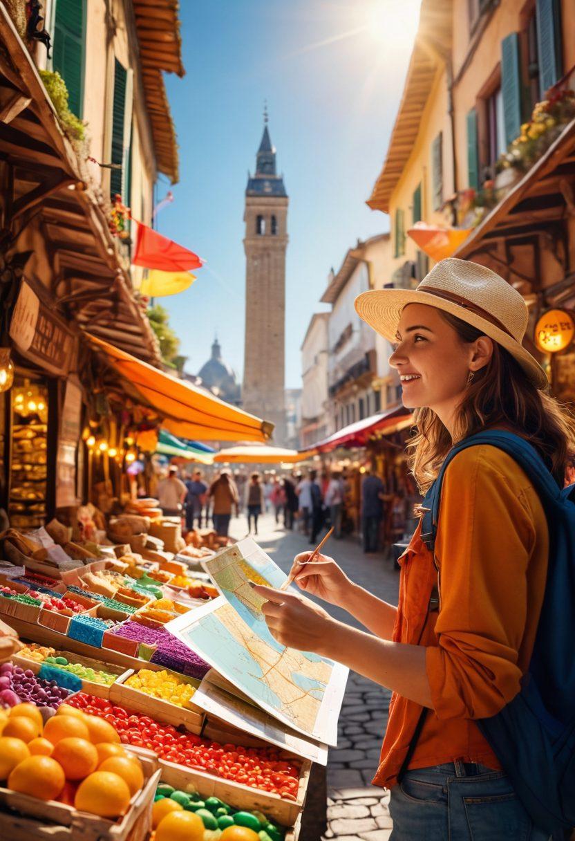 A traveler exploring a vibrant marketplace filled with colorful souvenirs and local delicacies, while holding a map and pointing at hidden gems. In the background, iconic landmarks and a lively crowd add to the adventurous atmosphere. Sunlight casts a warm glow, creating an inviting feel. Super-realistic. Vibrant colors. Dynamic composition.
