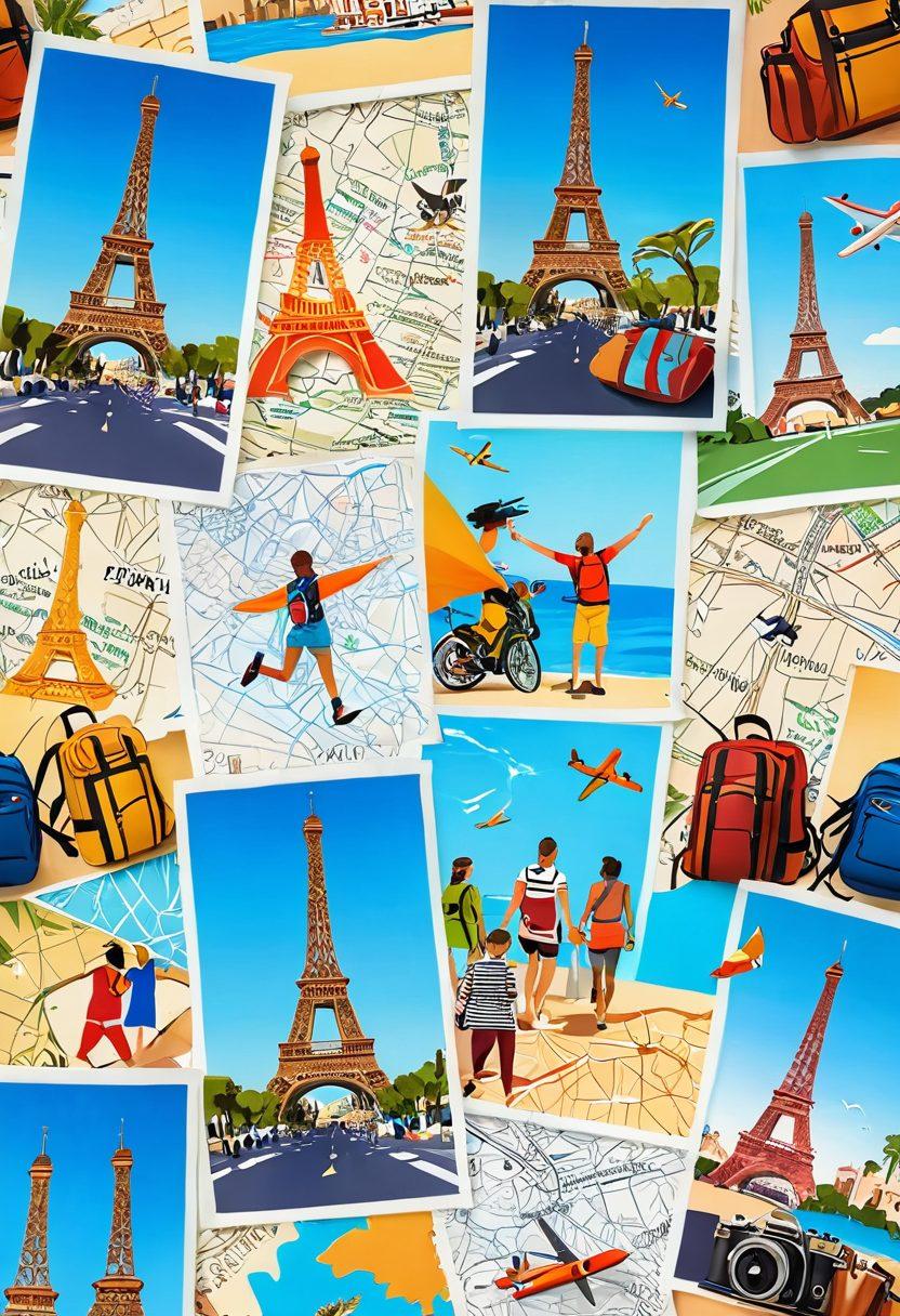 A lively collage depicting diverse travelers joyfully exploring various destinations, with vibrant landmarks like the Eiffel Tower, Santorini, and a tropical beach. The travelers are shown with backpacks, budget travel gear, and cameras in hand, exuding excitement. Include flight elements like a paper airplane soaring above, and subtle price tags representing inexpensive deals. The background features a map with colorful paths illustrating various travel routes. vibrant colors. super-realistic. playful elements.