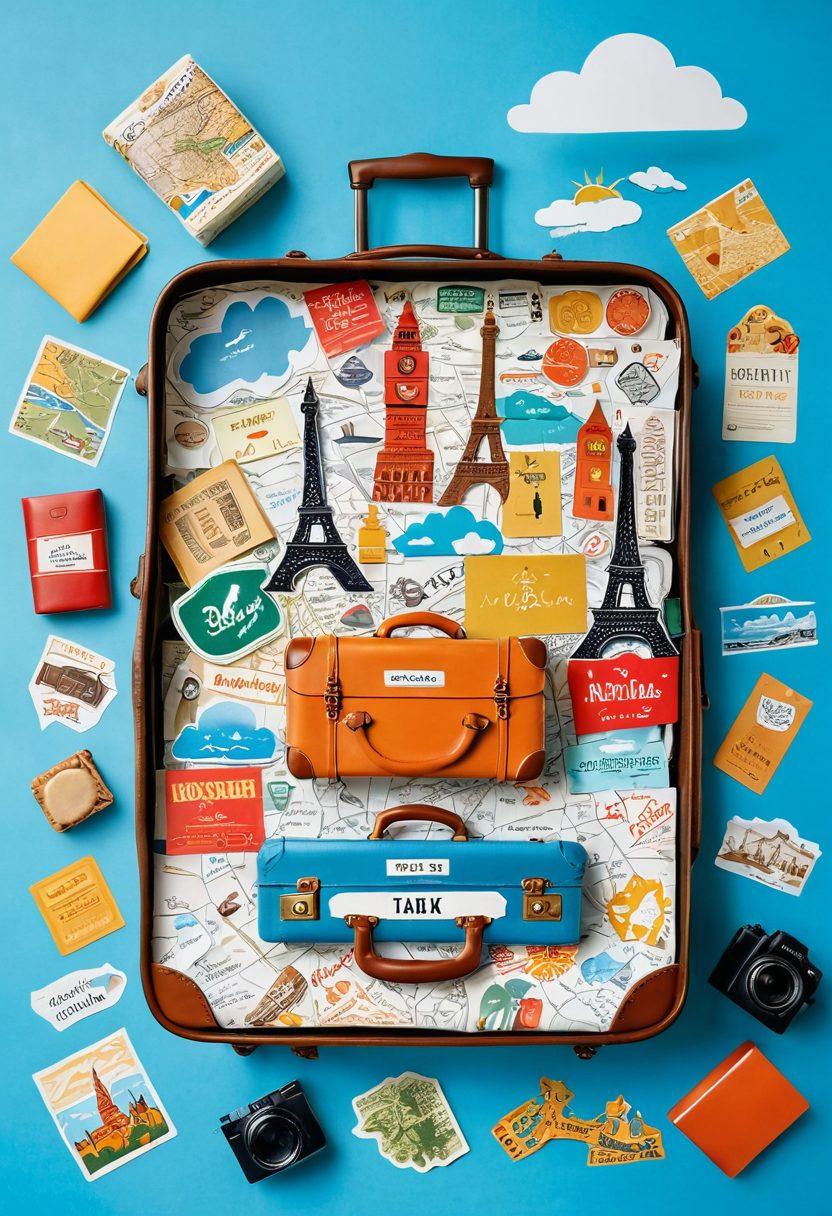 A beautifully arranged travel scene showcasing a vintage suitcase overflowing with budget travel essentials, like a map, camera, and local snacks. Surround the suitcase with iconic landmarks made of paper cut-outs, and add vibrant travel stickers on the suitcase. The background should feature a sunny sky and fluffy clouds to evoke a sense of adventure. cheerful colors and playful elements. vibrant colors. flat lay style.